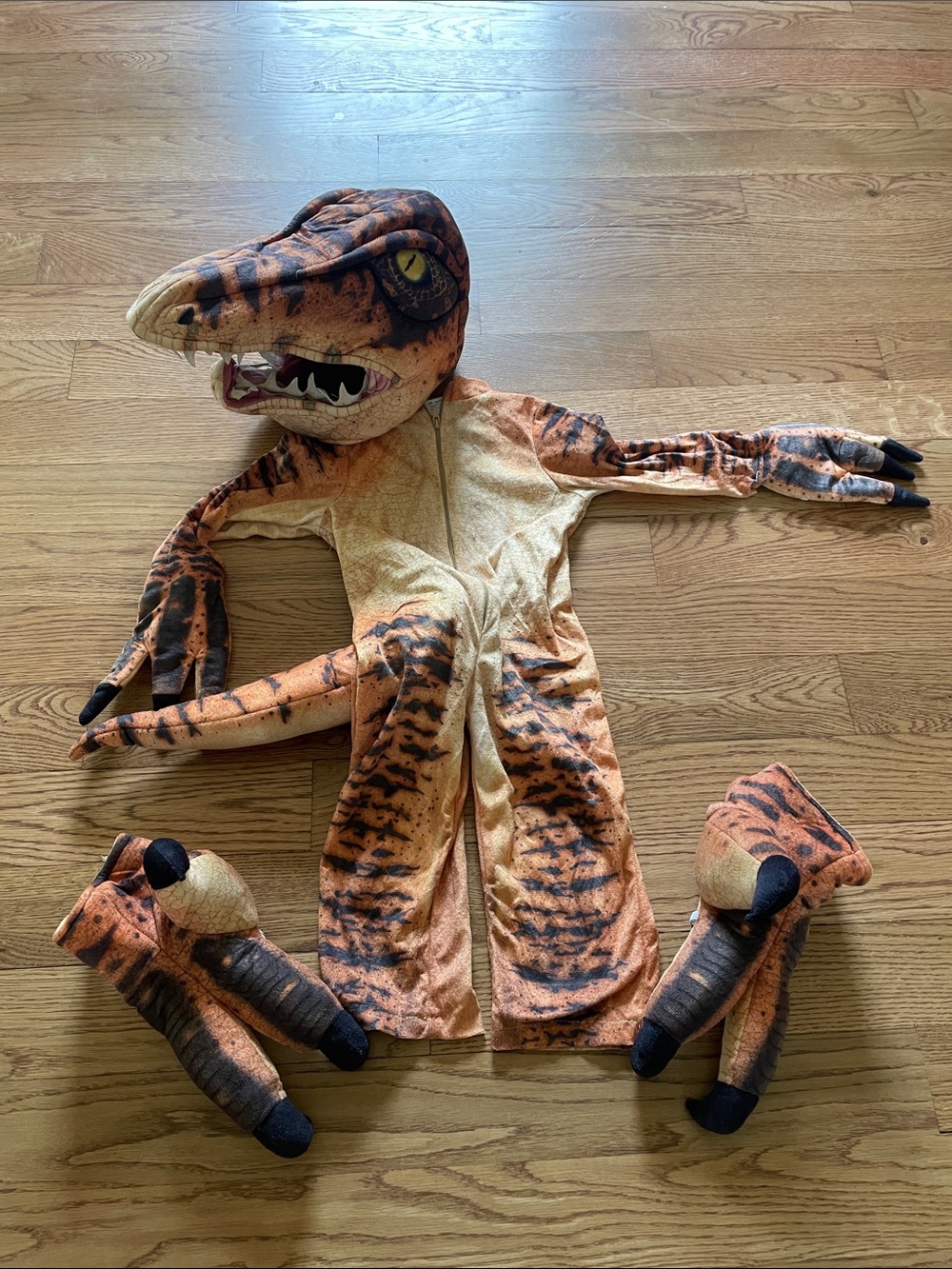 4 Piece- Kids Orange Tiger-Striped Velociraptor Costume with Headpiece & Feet